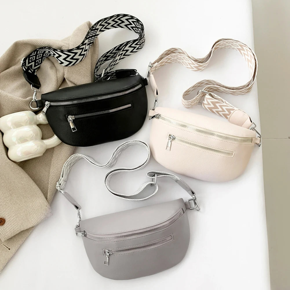 2024 Luxury Designer Women's Chest Bag PU Leather Wide Strap Shoulder Crossbody Bag Female Fashion Fanny Pack Banana Waist Bag