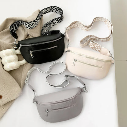 2024 Luxury Designer Women's Chest Bag PU Leather Wide Strap Shoulder Crossbody Bag Female Fashion Fanny Pack Banana Waist Bag