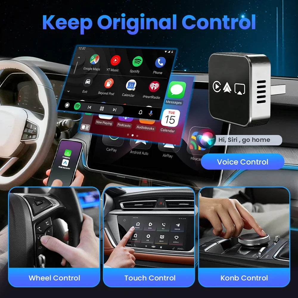 CarRocket 2026 4in1 New  Carplay Adapter Wireless Android Auto Mirror Link Smart MiNi AI Box USB Plug and Play Auto Connect WiFi