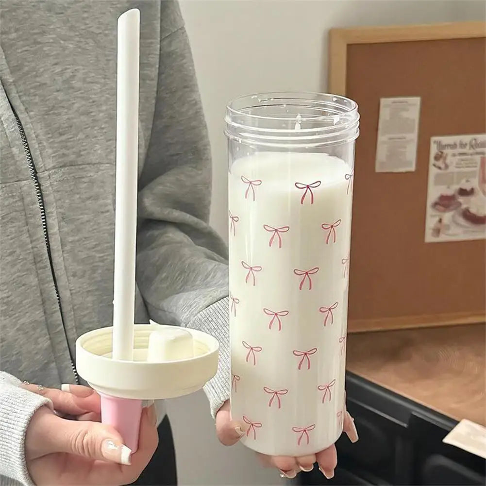 500/700Ml Pink Bow Water Cup With Straw Coffee Bubble Milk Tea Plastic Cup Large Capacity Students Water Bottle Straw Bottle