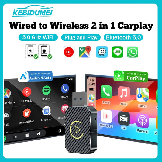 KEBIDUMEI Wired To Wireless Carplay 2IN1 Car AI Box Plug & Play Smart Dongle Android Auto WiFi 5.0GHz Bluetooth 5.0 Mini Adapter