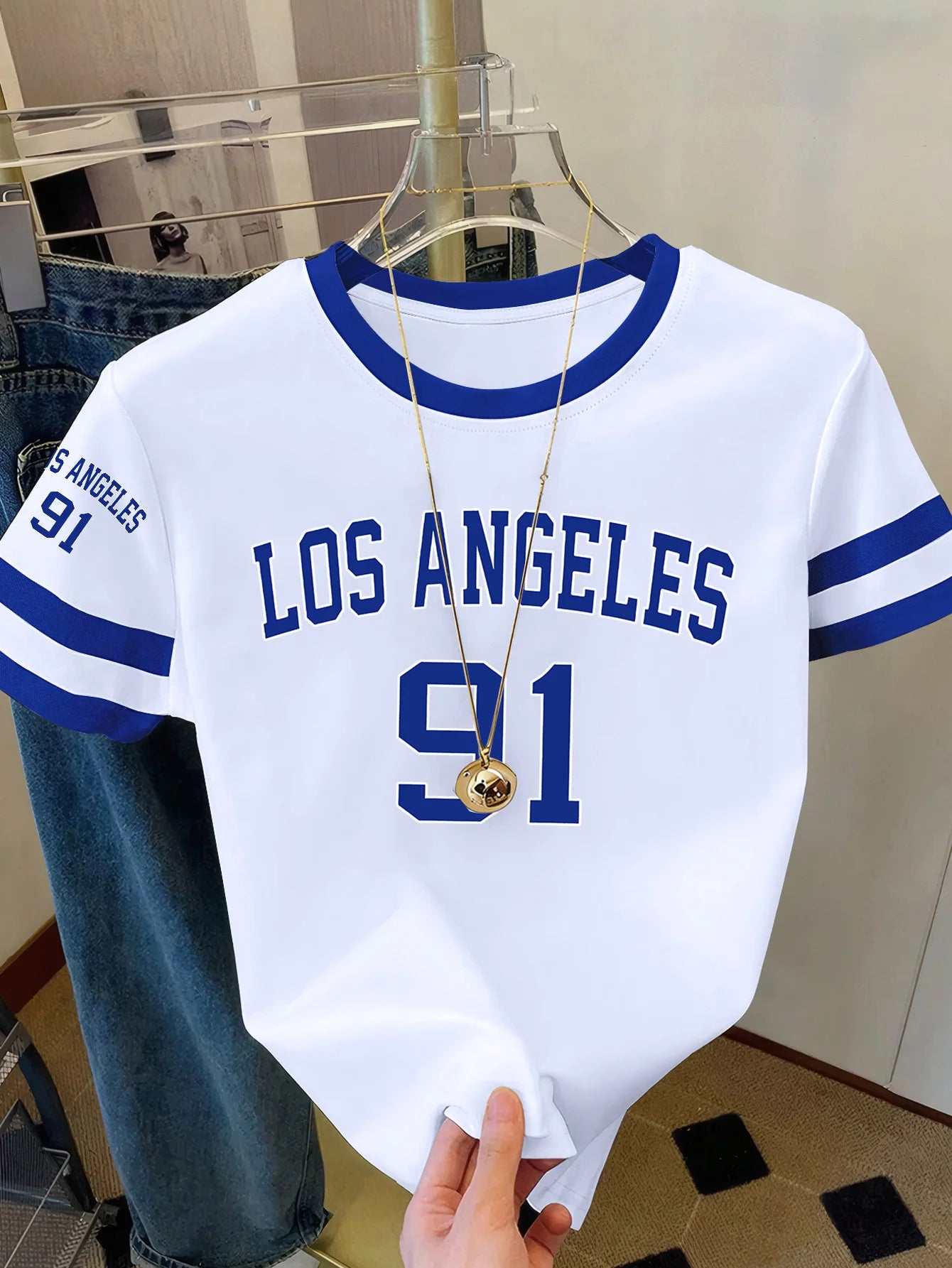 Summer Women's Los Angeles NO.91 Print Round Neck Short Sleeve T-Shirt Summer Graphic Te Jerseys Plus Size Sport T-Shirt Tops