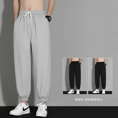 Mens Ice Silk Jogger Pants Summer Lightweight Casual Trousers Loose Fit Quick Dry Breathable Sport Fitness Bottoms Wear