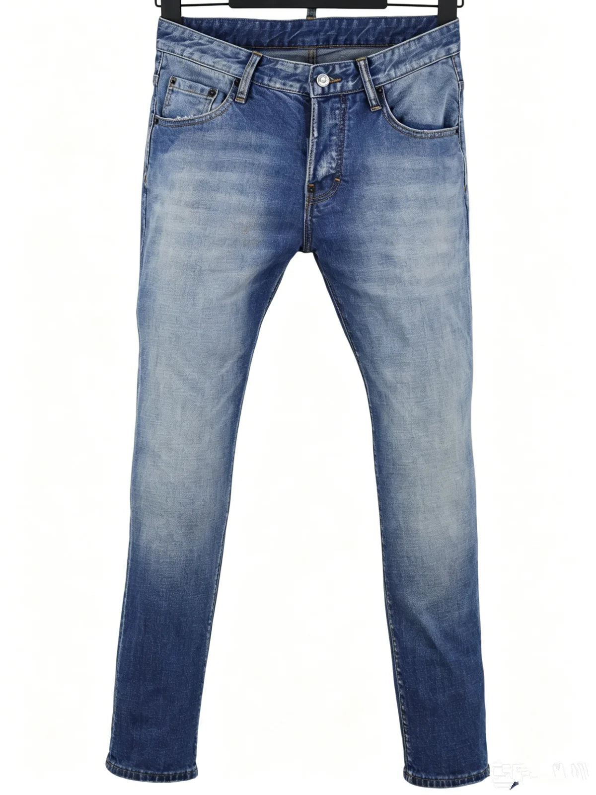6057 Four Seasons New Men's Wear Washed Ripped Patch Paint Slim-fit Feet Blue Jeans for Men