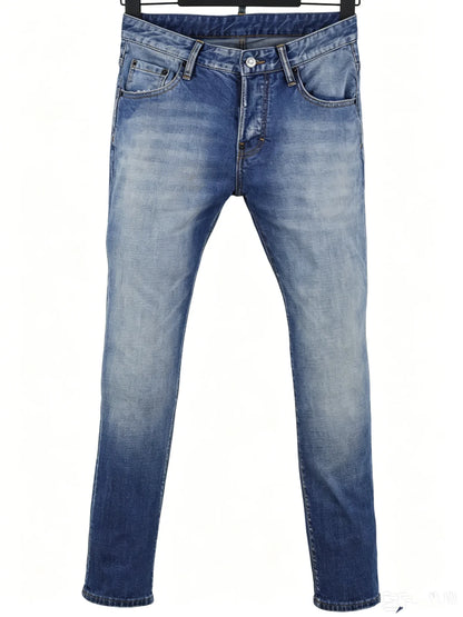 6057 Four Seasons New Men's Wear Washed Ripped Patch Paint Slim-fit Feet Blue Jeans for Men