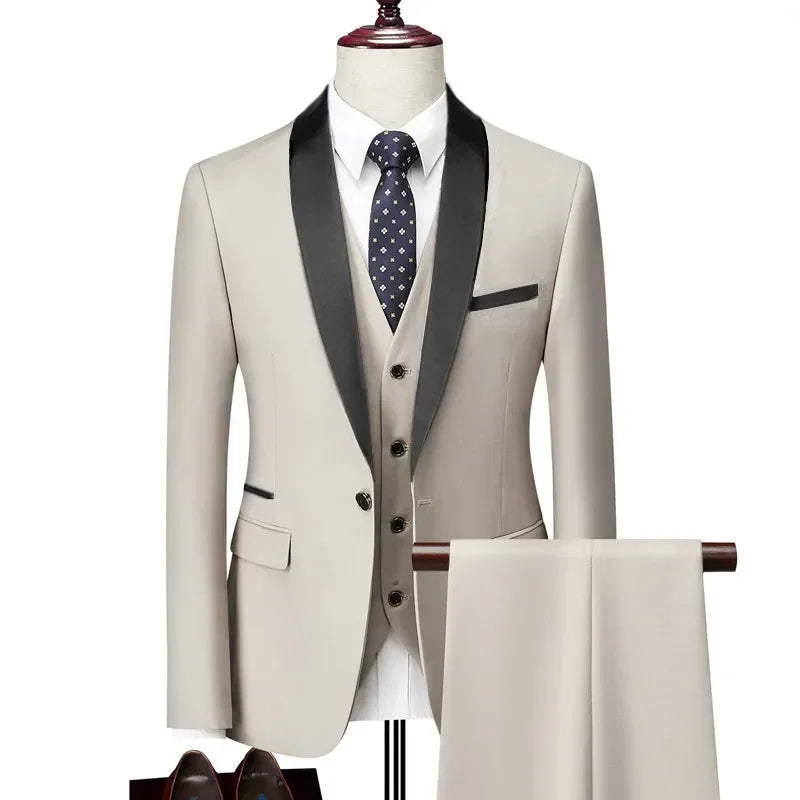 ( Jacket + Vest + Pants ) Men's 3 Piece Tuxedo Suit Set, Beige Blazer with Black Shawl Lapel for Wedding, Groom, Formal Party