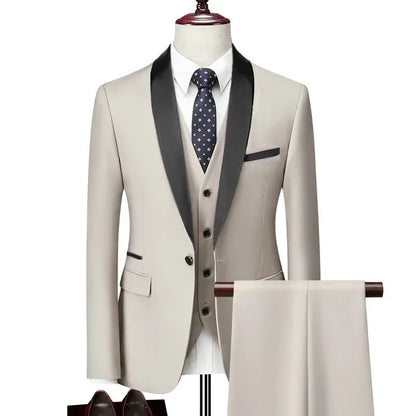 ( Jacket + Vest + Pants ) Men's 3 Piece Tuxedo Suit Set, Beige Blazer with Black Shawl Lapel for Wedding, Groom, Formal Party