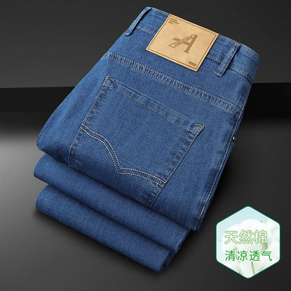 Men's Thin Jeans Spring Summer Fashion Breathable Cotton Blend Solid Color Business Casual Pants Simple Versatile Work Commute