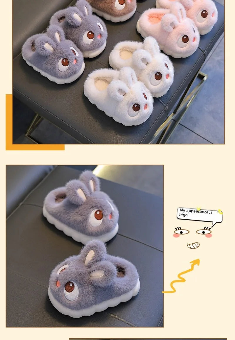 New Winter Cute Big eyed Rabbit Children's Waterproof Warm Non-slip Fluffy Slippers For Girls Boys Kids Indoor Home Cotton Shoes