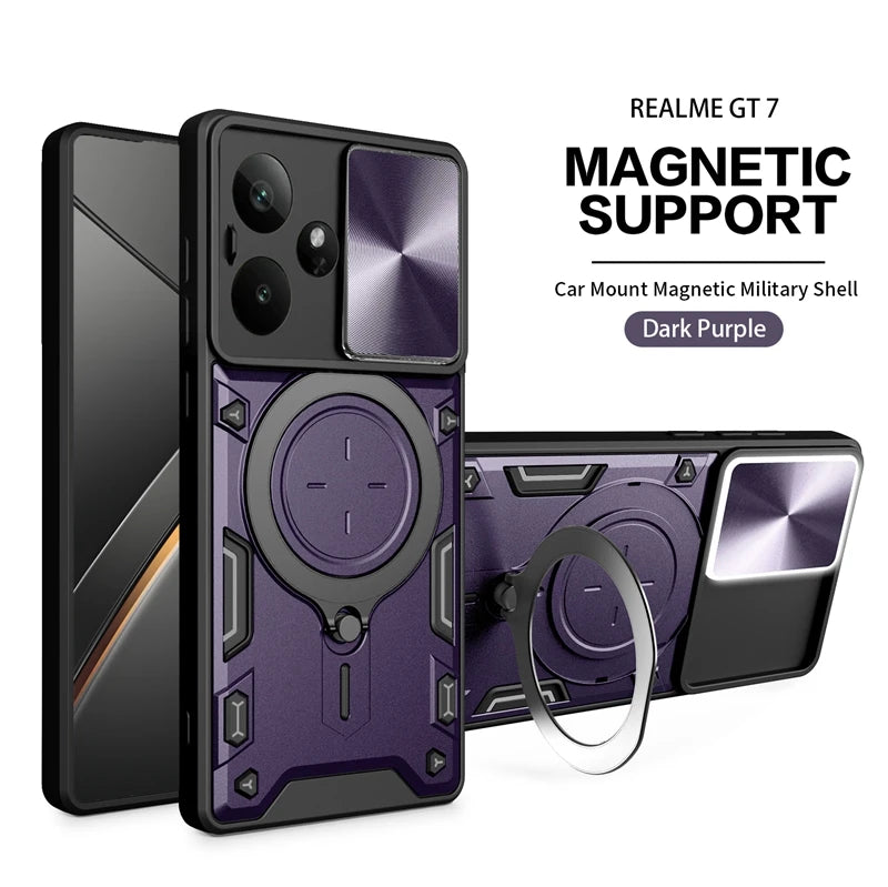For Realme GT7 5G Case Armor Slide Camera Lens Protect Back Cover For OPPO Realme GT7 GT 7 RealmeGT7 Magnetic Holder Ring Funda