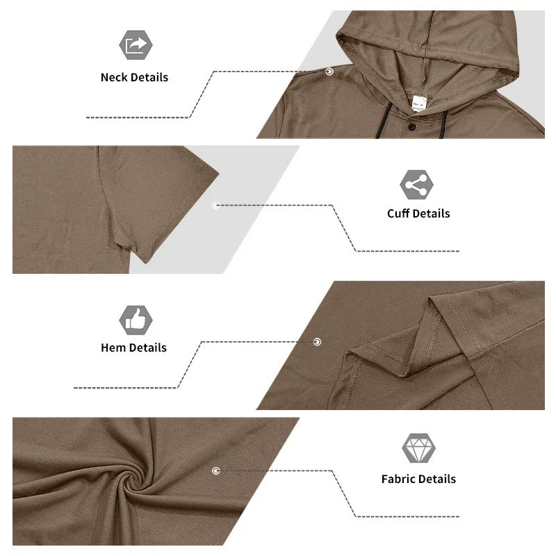 Summer Men's Short Sleeve Hooded T-Shirt Henry Neckline Drawstring Design Casual Loose Breathable Sporty Vest