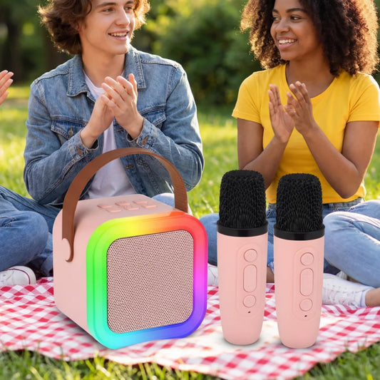 Portable Mini Karaoke Machine With 2 Wireless Microphones Bluetooth 5.0 Speaker RGB Lights Voice Change for Home Party Kids Gift