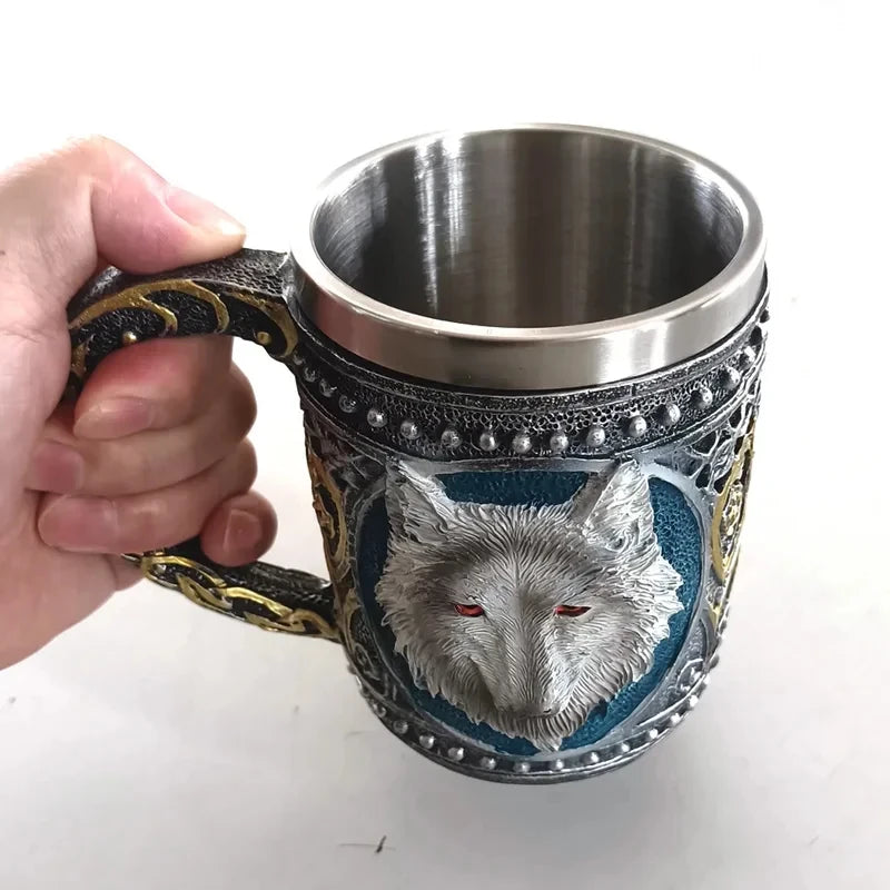 Viking Wood Style Beer Mug, Simulated Wooden Barrel Double Wall Metal Insulated Cup, 1Pc Bar Drinking Mug