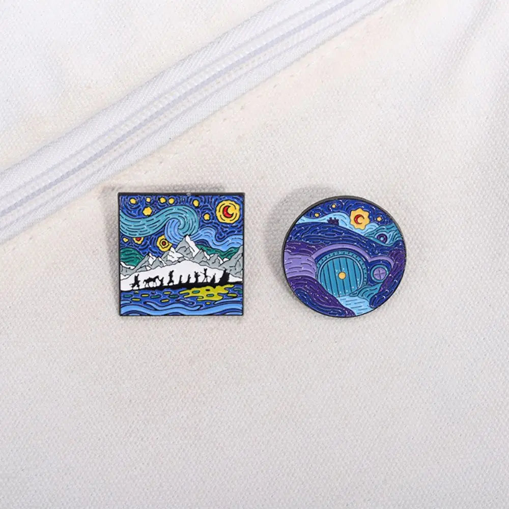Blue Night Sky Oil Painting Enamel Pins Creative Cartoon Landscape Brooch Lapel Badges Animal Jewelry Gift for Friends