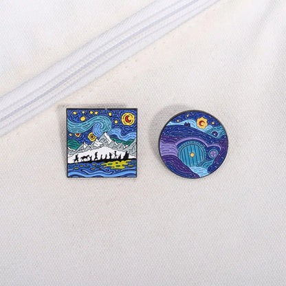 Blue Night Sky Oil Painting Enamel Pins Creative Cartoon Landscape Brooch Lapel Badges Animal Jewelry Gift for Friends