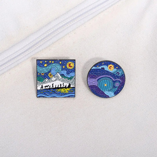 Blue Night Sky Oil Painting Enamel Pins Creative Cartoon Landscape Brooch Lapel Badges Animal Jewelry Gift for Friends