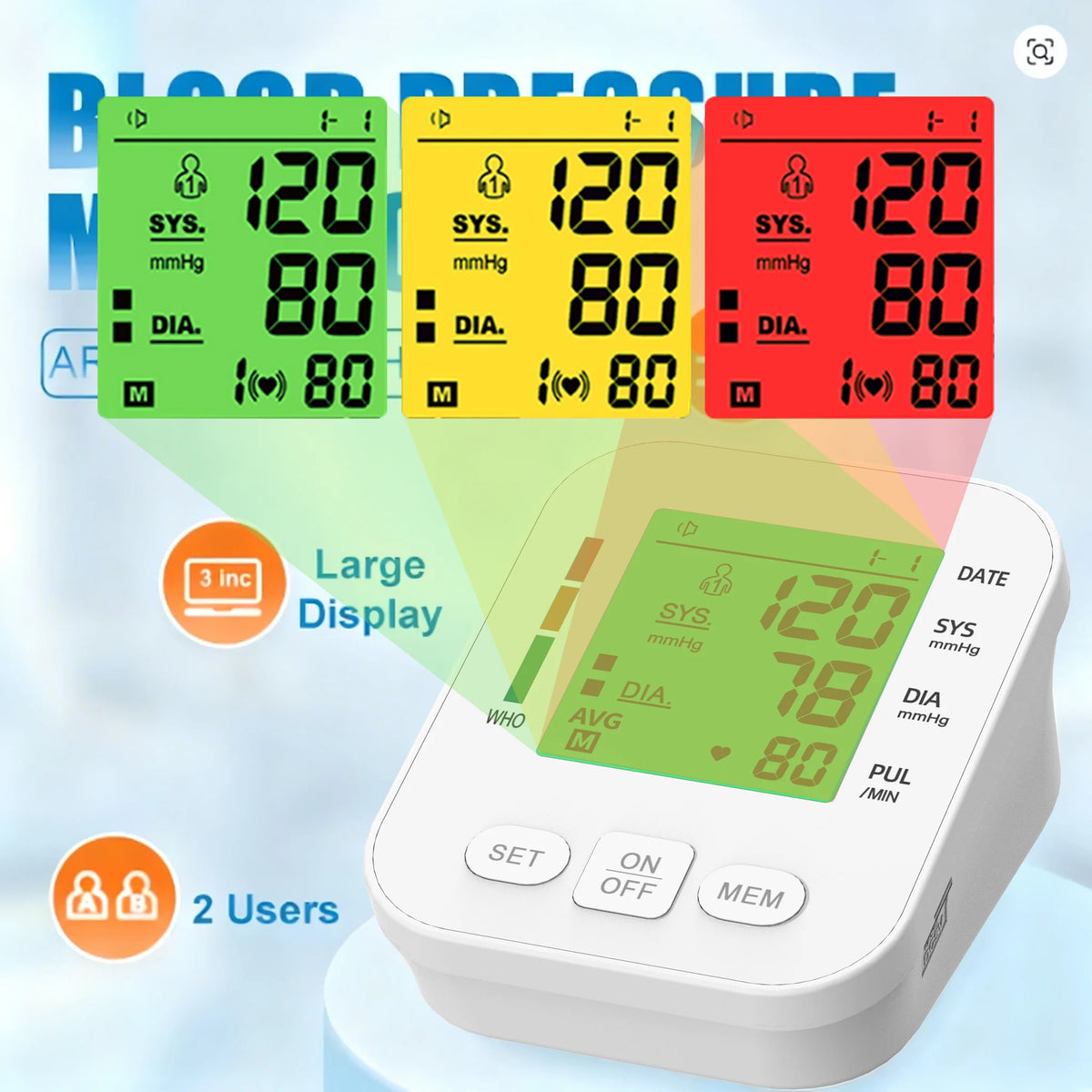 3 Color Backlight Blood Pressure Monitor Upper Arm Pressure Device Automatic BP 36cm Cuff Machine for Medical Home Health Care