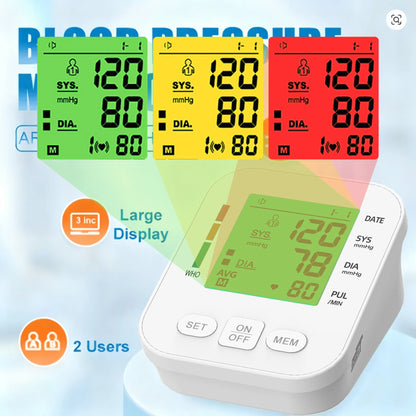 3 Color Backlight Blood Pressure Monitor Upper Arm Pressure Device Automatic BP 36cm Cuff Machine for Medical Home Health Care