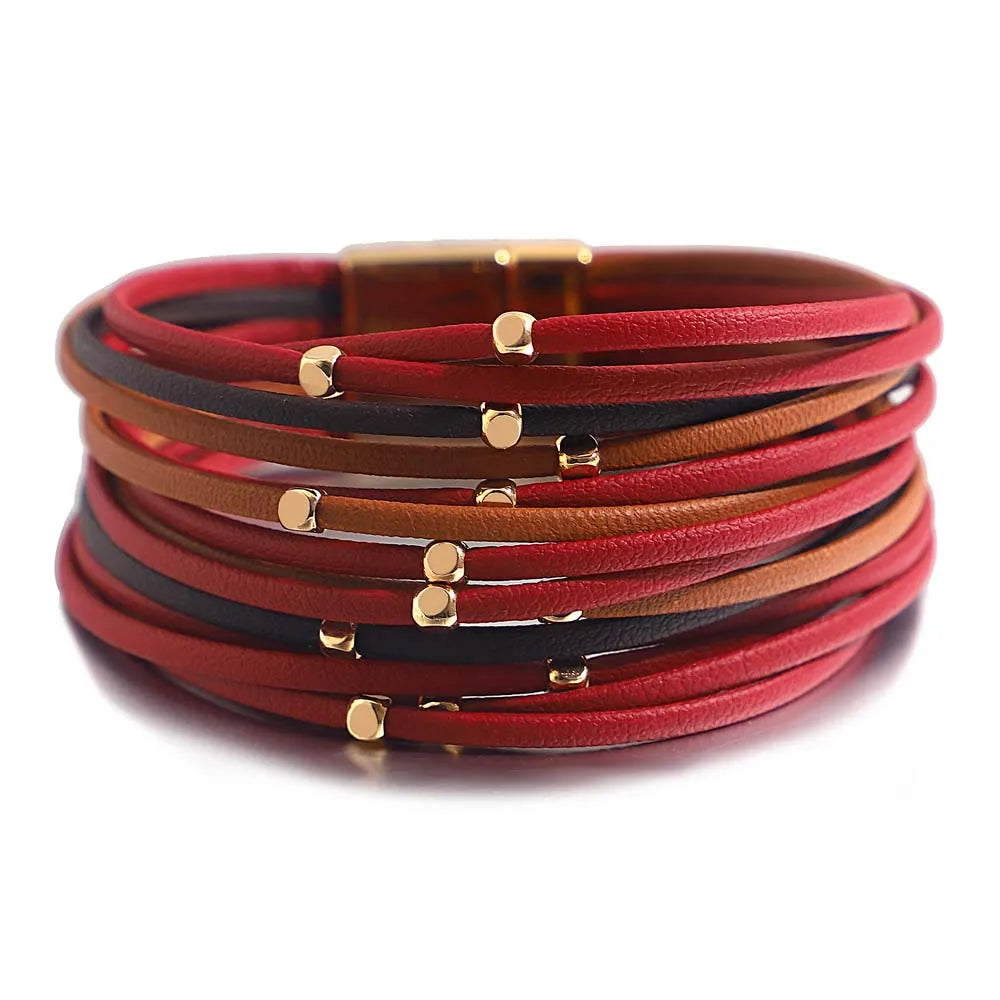 ALLYES Charm Triple Color Leather Bracelet for Women Bohemian Metal Beads Multilayer Thin Strip Wrap Bracelets Fashion Jewelry