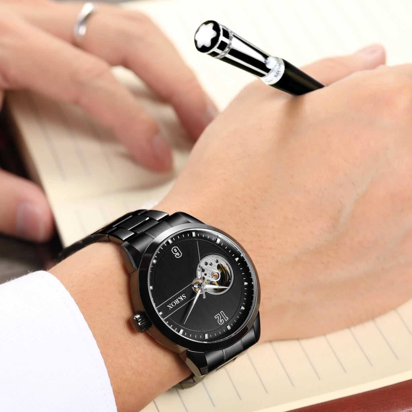 SKROX Original Luxury Brand Waterproof Tourbillon Automatic Clock Steel Skeleton Mechanical Man Watch Business Male Wristwatches