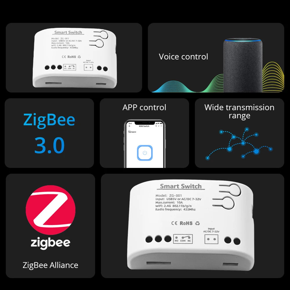 Zigbee 3.0 Tuya 1 Channe Smart Relay Module Smart Life Switch Controller 12V 24V 220V 230V Dry Contact NO NC COM Inching Timer