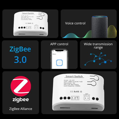 Zigbee 3.0 Tuya 1 Channe Smart Relay Module Smart Life Switch Controller 12V 24V 220V 230V Dry Contact NO NC COM Inching Timer