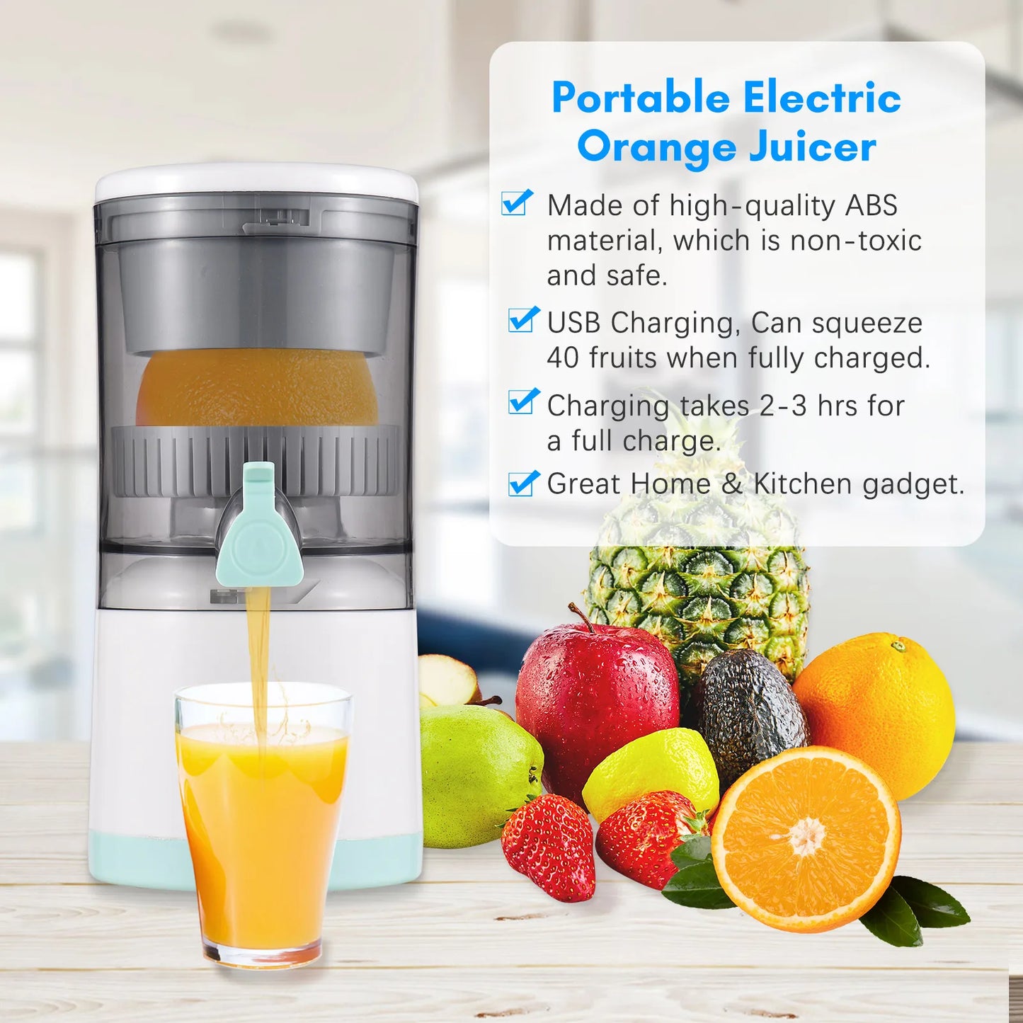 Electric Orange Juice Squeezer Hands Free Portable Citrus Juicer for Orange Lemon Apple USB Powered Detachable &Washable