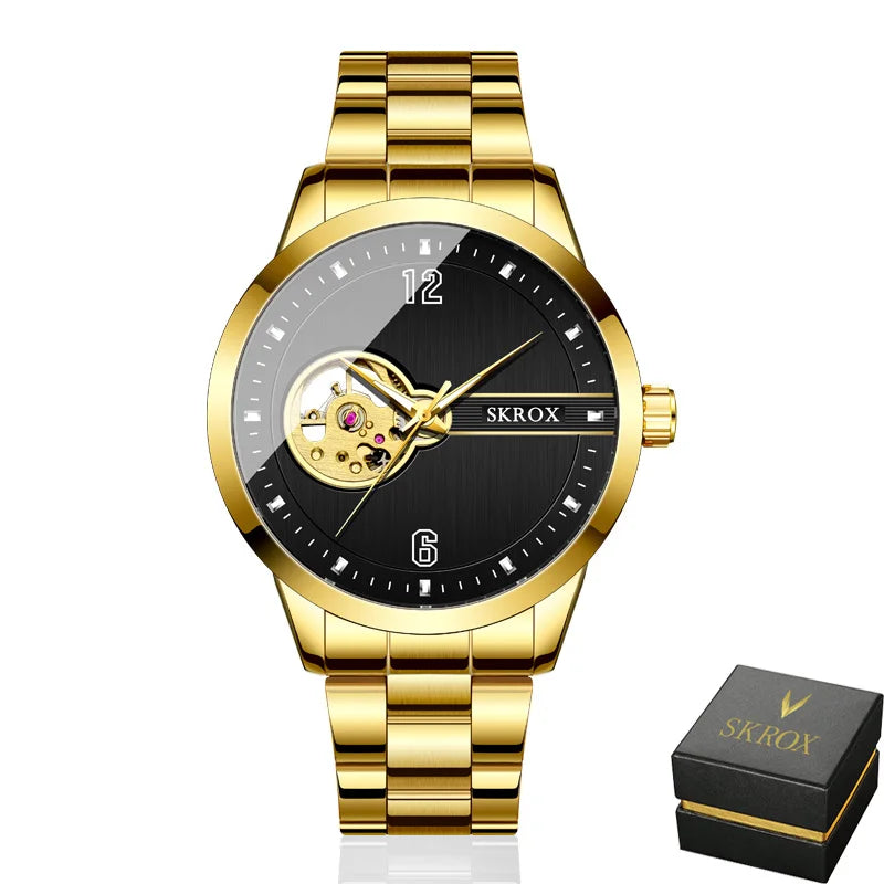 SKROX Original Luxury Brand Waterproof Tourbillon Automatic Clock Steel Skeleton Mechanical Man Watch Business Male Wristwatches