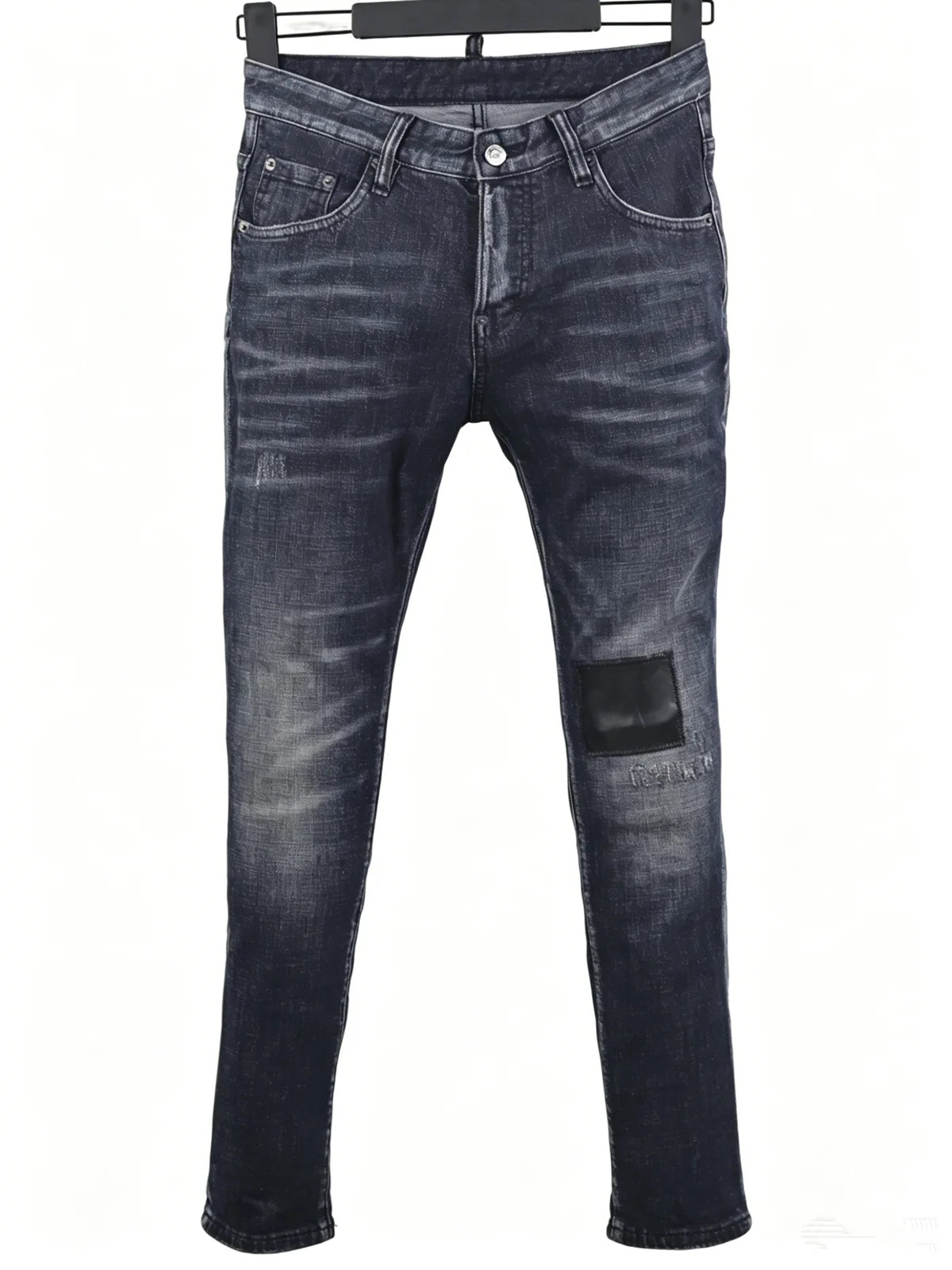 6060 Four Seasons New Men's Washed Ripped Patch Old Slim-fit Straight Black Jeans for Men