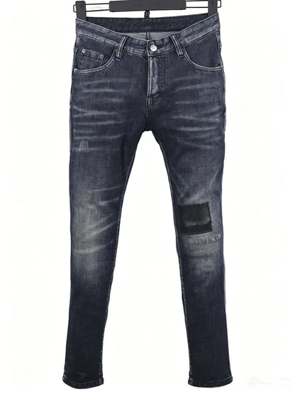 6060 Four Seasons New Men's Washed Ripped Patch Old Slim-fit Straight Black Jeans for Men