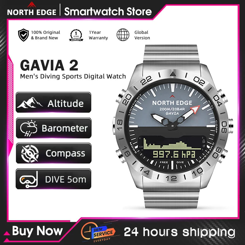 NORTH EDGE Mens Dive Watch Military Army Luxury Full Steel Smartwatch Compass Altimeter Barometer Digital Clock Waterproof 200m