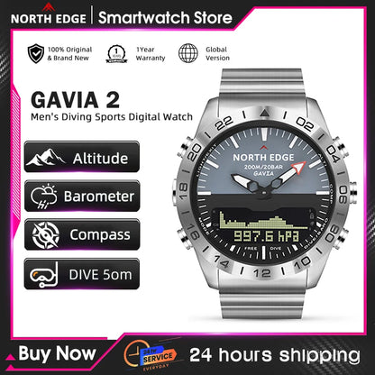 NORTH EDGE Mens Dive Watch Military Army Luxury Full Steel Smartwatch Compass Altimeter Barometer Digital Clock Waterproof 200m