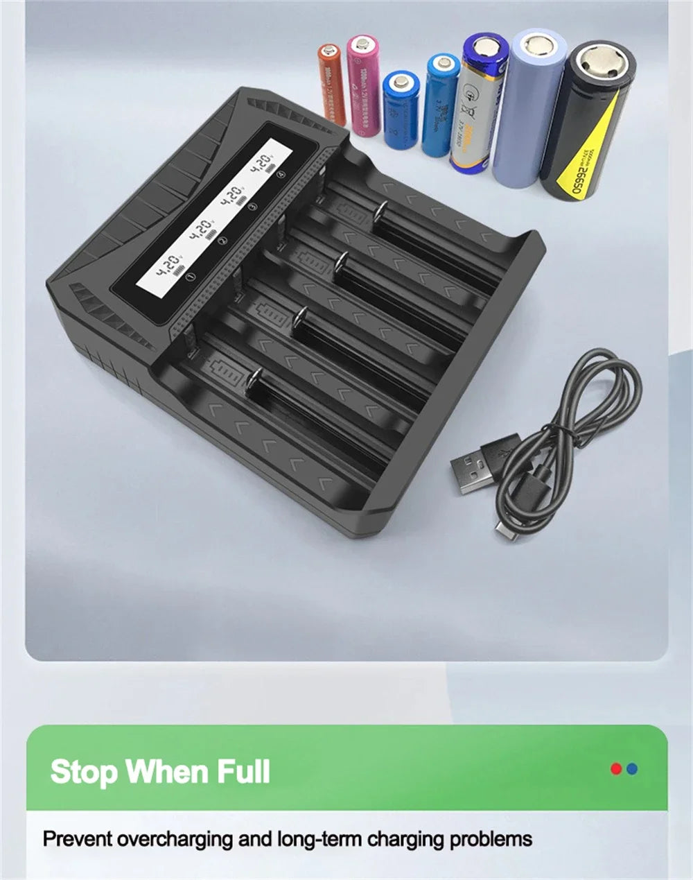 Intelligent LCD Battery USB Charger - 1/2/4 Slots for 18650 4.2V Li-ion & 1.2V Ni-MH AA/AAA Rechargeable Batteries