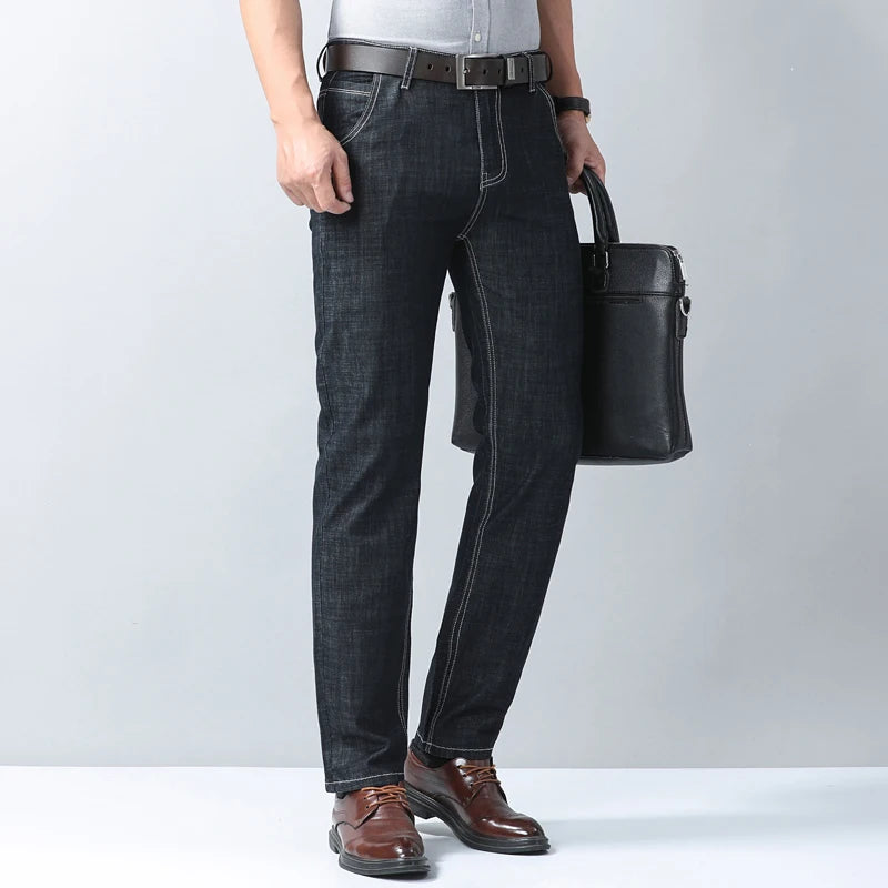 2026 New Spring Summer Ice Silk Thin Men's Light Blue Straight Slim Jeans Stylish Casual Stretch Denim Pants Classic Trousers 40