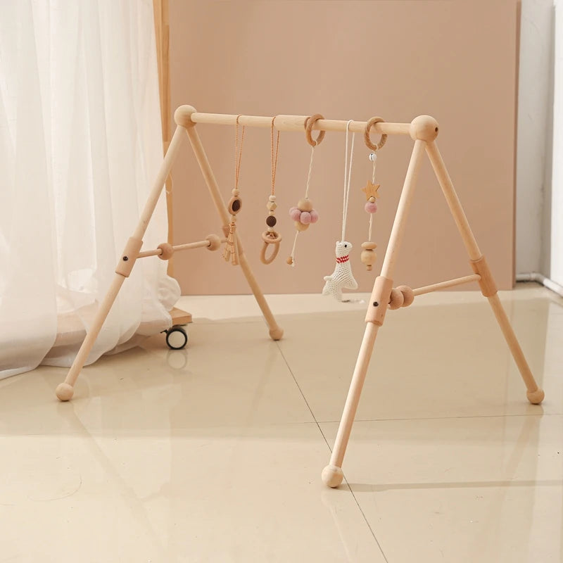 1set Baby Wooden Rattle Toys Play Gym Mobile Hanging Sensory Toys Foldable Play Gym Frame Activity Gym Baby Room Decorations Toy