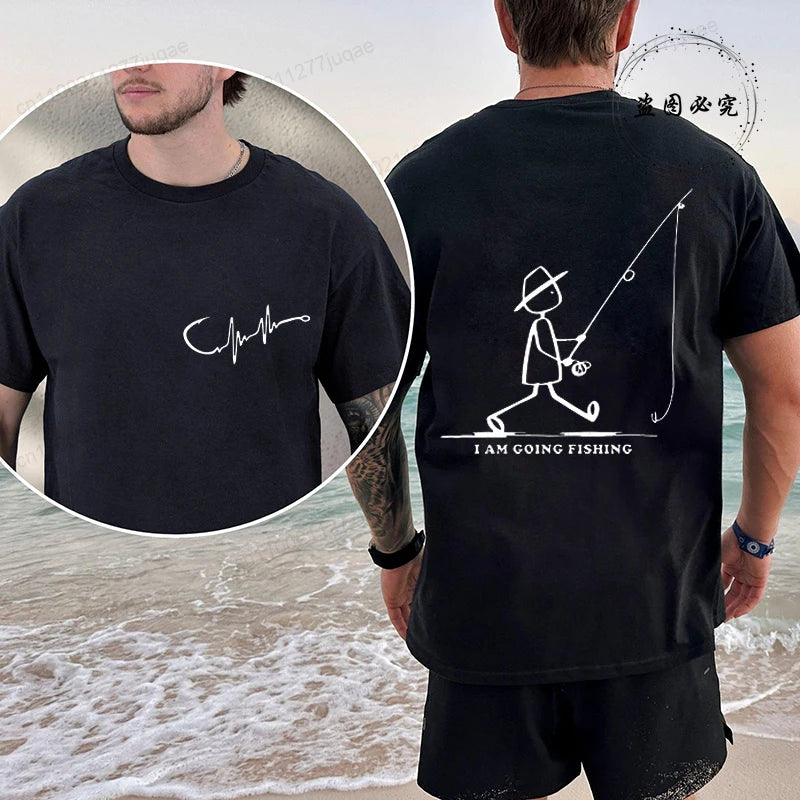 Men's Fishing Graphic T-shirt Black with Fisherman Front Back Print T-Shirts Summer Tee Fishing Trip Personality Male Tee Tops