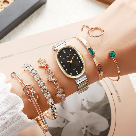 Elegant Two-Tone Watch & Jewelry Set - Oval Black Dial Watch, Crystal Stackable Bracelets & Emerald Accent Ring, Sophisticated L
