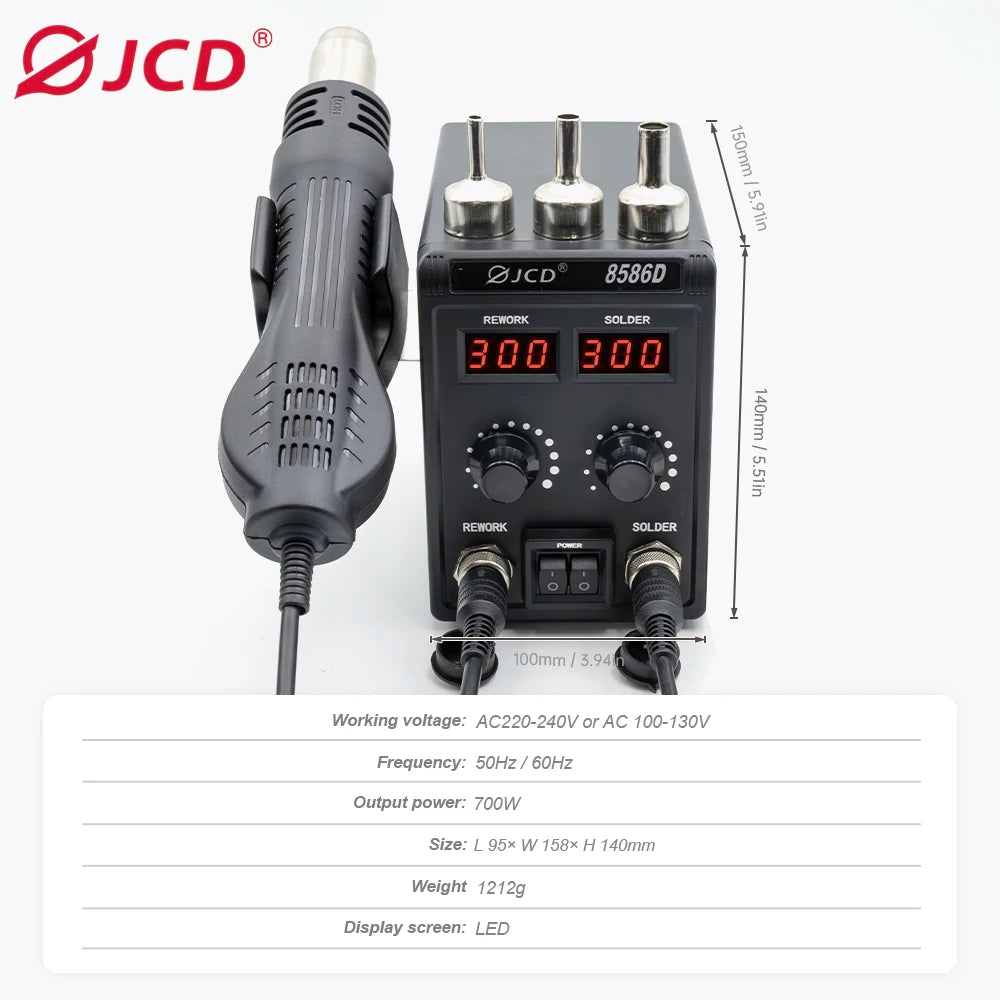 JCD 750W 8586D Soldering Station 2 IN 1 Hot Air Gun LCD Dual Digital Display Electric Soldering Iron SMD Welding Rework Station