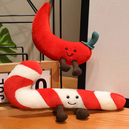 Christmas Bell Pepper and Candy Cane Plush Toy Fun Simulation Chili Peppers and Candy Canes Stuffed Doll Holiday Decor Xmas Gift