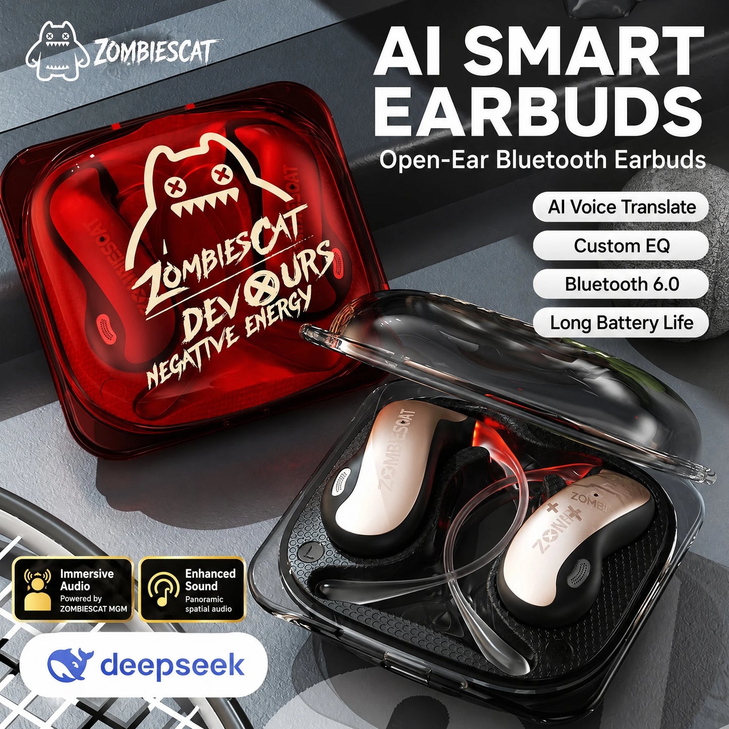 ZOMBIECAT B22 Open Ear Wireless Earbuds Bluetooth 6.0 14mm Driver Sport Headphones LED Light AI Translation for Running Cycling