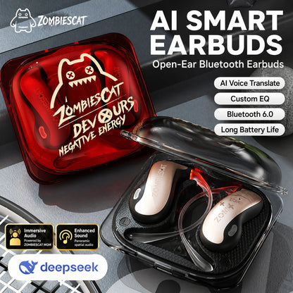 ZOMBIECAT B22 Open Ear Wireless Earbuds Bluetooth 6.0 14mm Driver Sport Headphones LED Light AI Translation for Running Cycling