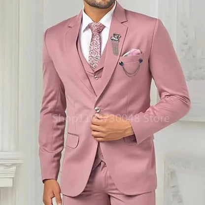 Elegant Pink Men's Suits 3 Piece Notch Lapel Casual Tuxedos for Wedding Groomsmen Suits Business Men Suits(Blazer+Vest+Pant)