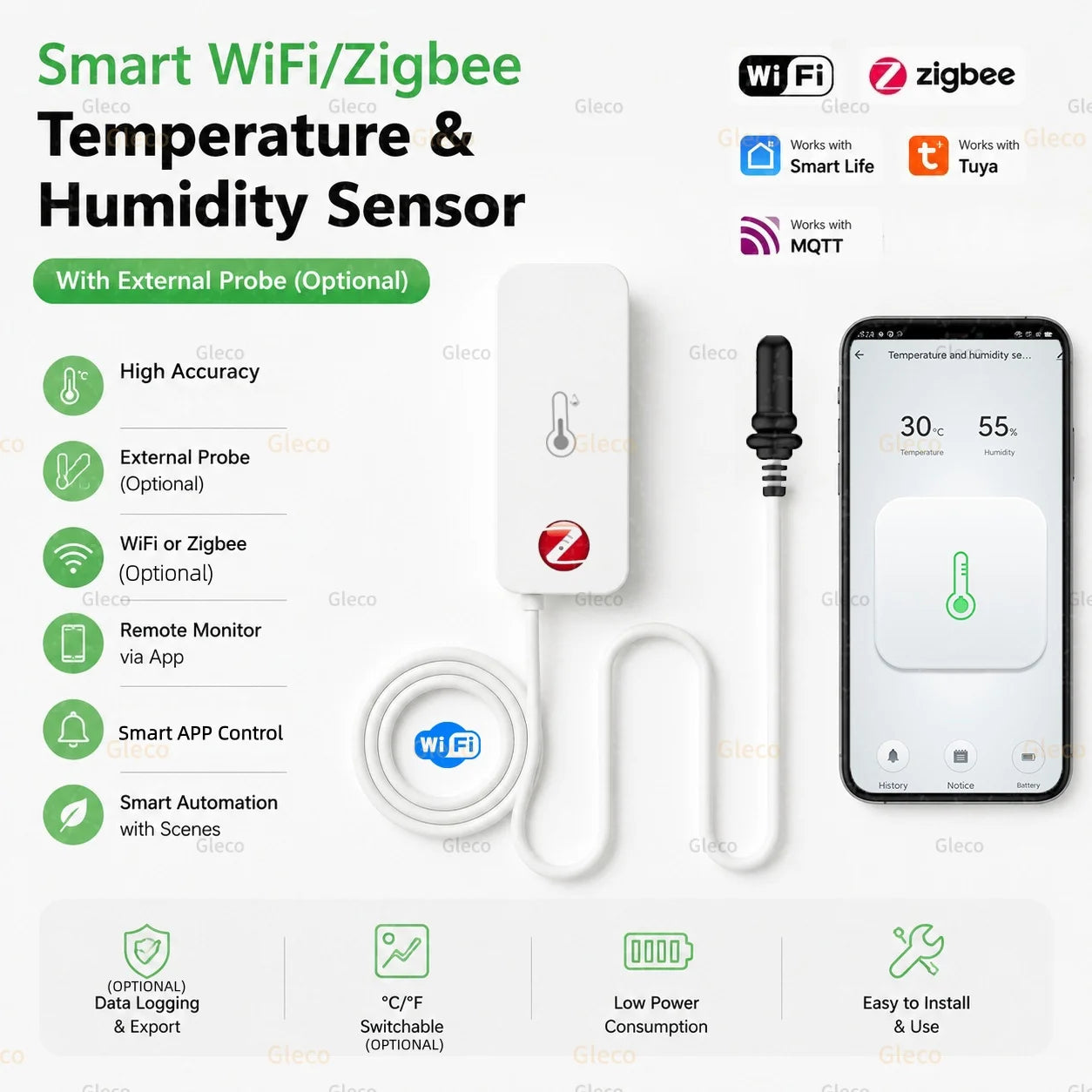 WiFi Zigbee Temperature Humidity Meter With Optional External Probe Thermometer Sensor Zigbee2mqtt TUYA For Fish Tank Freezer