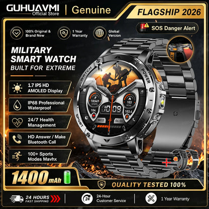 1400mAh Large Battery Military Smart Watch Men 1.7"HD Bluetooth Call 10ATM Waterproof LED Flash SOS Health Monitor Sport Watches
