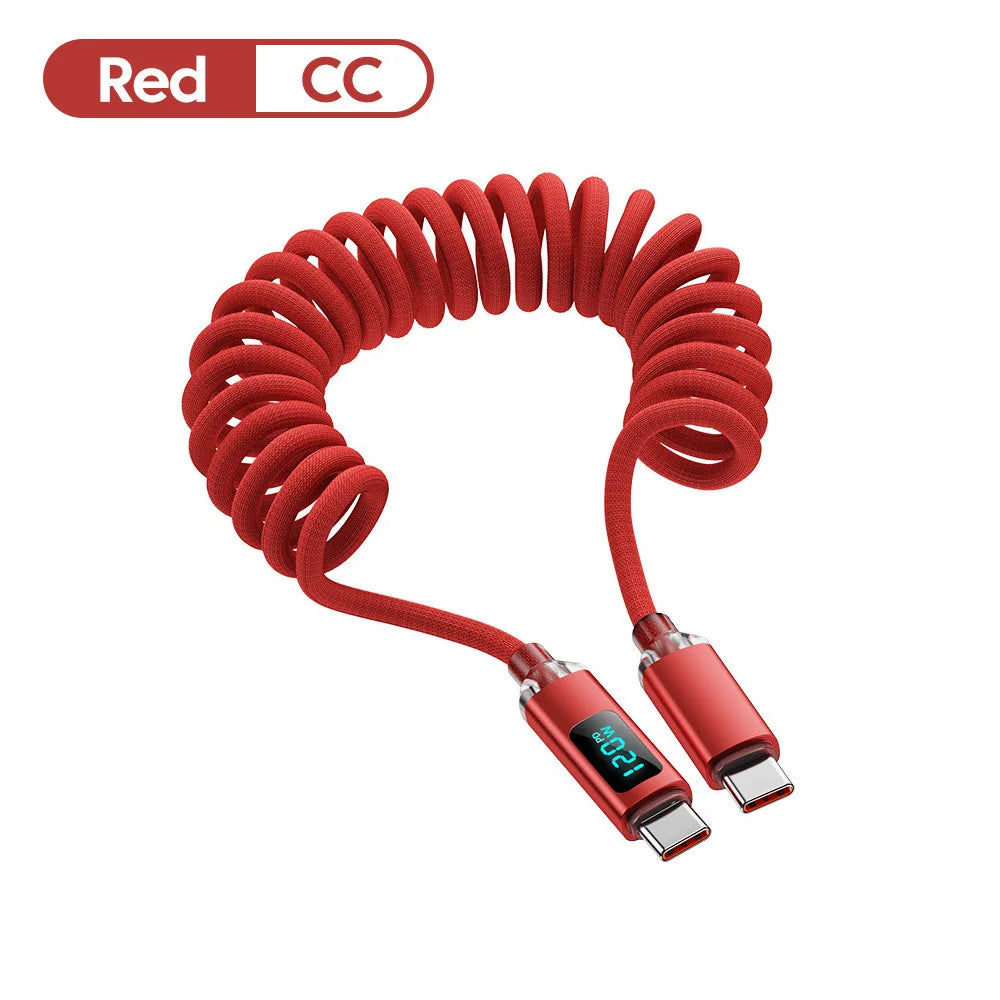 120W Spring Cable USB Type C To Type C Fast Charging LED Digital Display For iPhone 15 16 Samsung Huawei USB C To USB C Cable