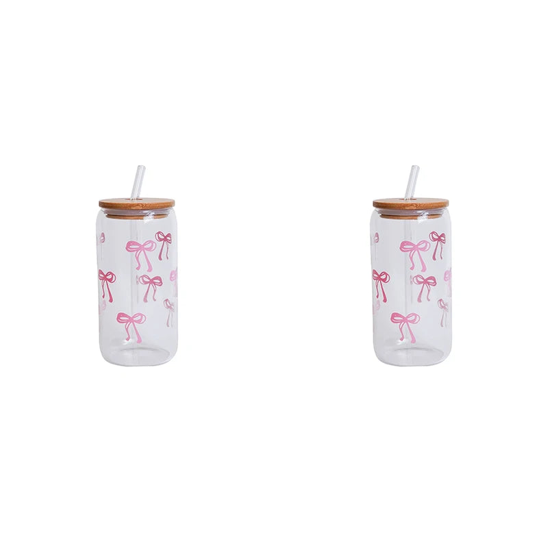 1/2/4/6Pcs Glass Cups with Bowknot Print, with Lid and Straw, Exquisite and High-End Bowknot Glass Cups, Suitable for Home Decoration, Daily Household Drinking Cups, Outdoor Picnic Cups, Party Cups, Breakfast Milk Cups, Gift-