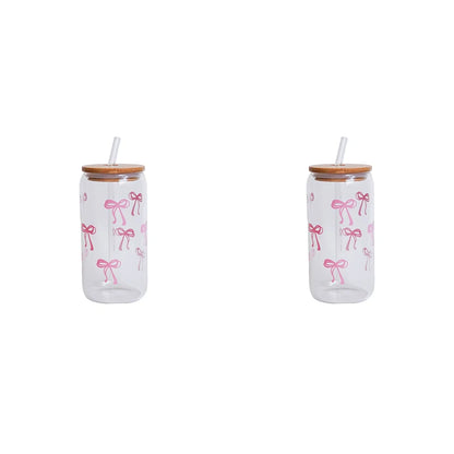 1/2/4/6Pcs Glass Cups with Bowknot Print, with Lid and Straw, Exquisite and High-End Bowknot Glass Cups, Suitable for Home Decoration, Daily Household Drinking Cups, Outdoor Picnic Cups, Party Cups, Breakfast Milk Cups, Gift-