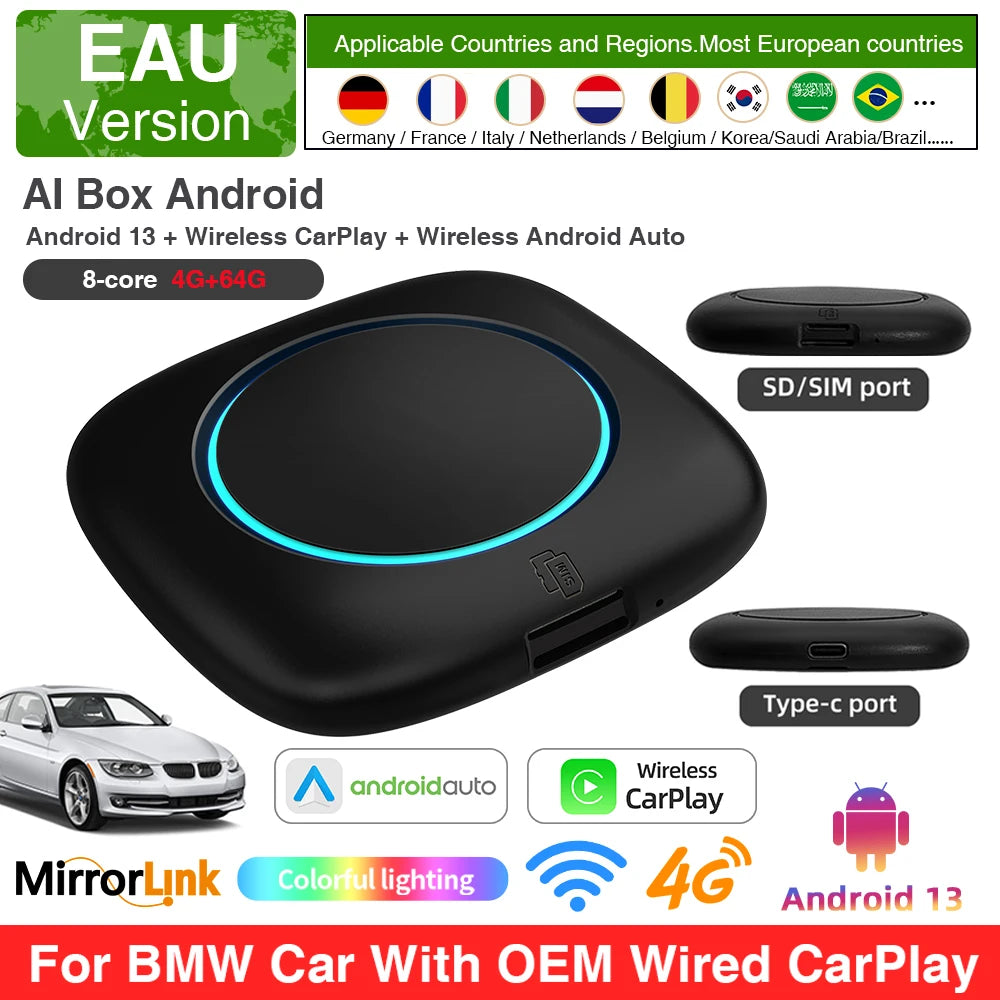 For BMW ID6 ID7 ID8 ID9 Wireless CarPlay AI Box for Wireless CarPlay Android Auto Intelligent Android 13 System 4+64GB 8+256GB