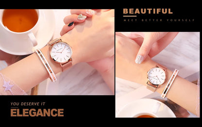 2023 New Women Bracelet Watch 1 Set Japan Quartz Movement Simple Rose Gold Stainless Steel Mesh Student Watches Relogio Feminino
