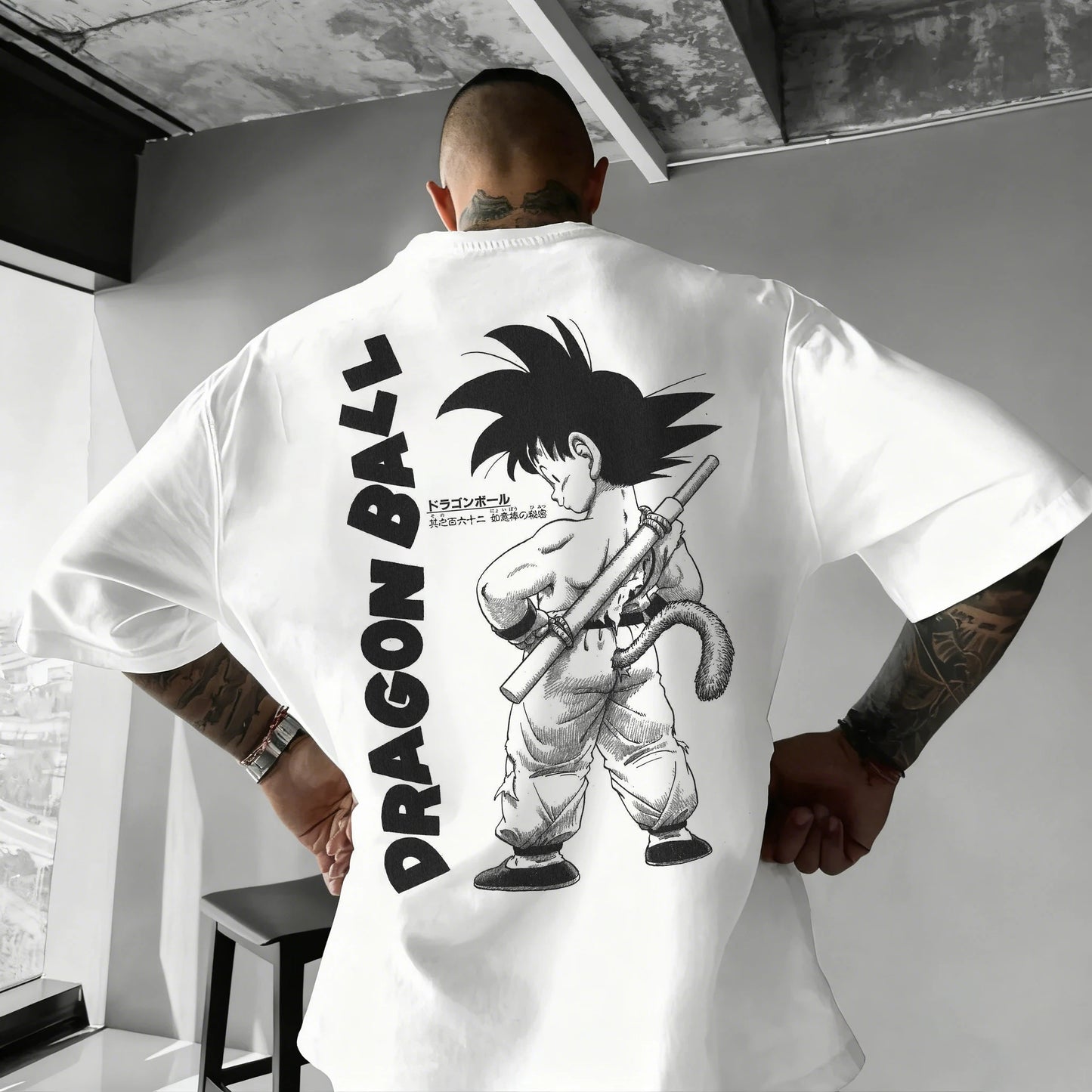2026 Summer Dragon Ball Oversized T-shirt High Quality 100% Cotton Kid Goku with Power Pole Line Art Print UnisexCasual Y2K